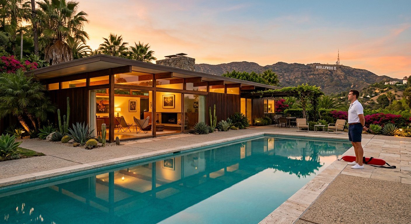 Mid-century modern San Fernando Valley estate at golden hour with private swimming pool, professional lifeguard, and Hollywood Hills in the background